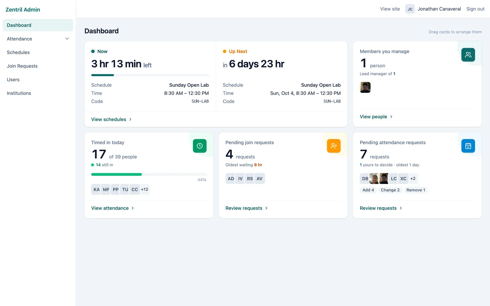 The Zentril admin dashboard: Now and Up Next schedule cards, Members you manage, Timed in today (17 of 39 people), Pending join requests and Pending attendance requests