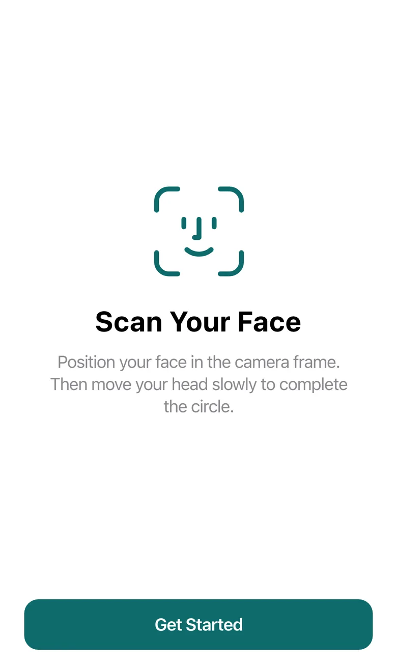 Onboarding: Scan Your Face with a Get Started button