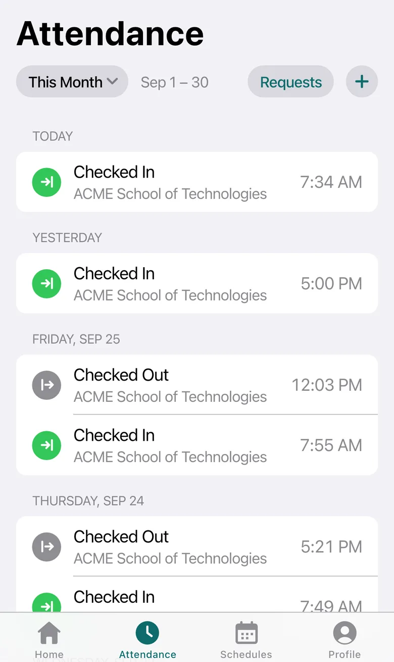 Attendance: check-ins and check-outs grouped by day for This Month