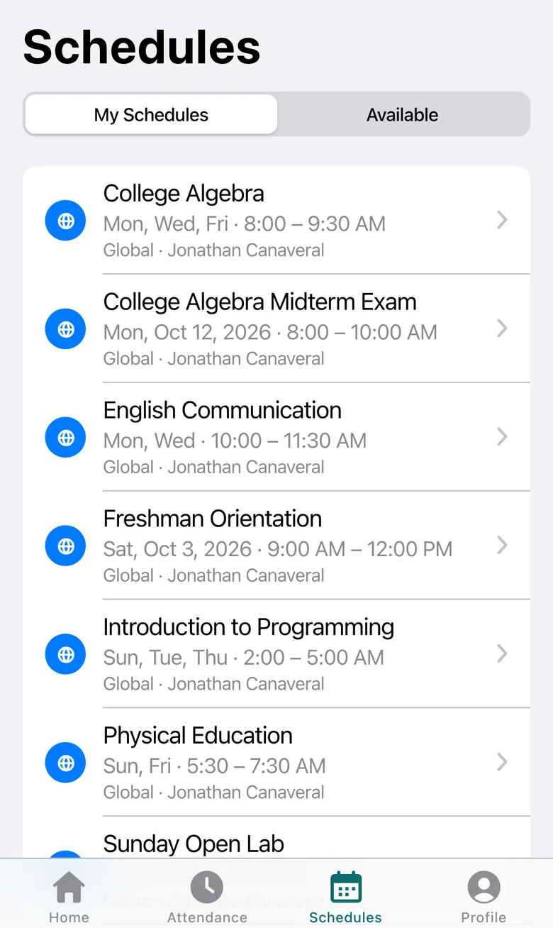Schedules: My Schedules list with days and times